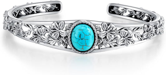 Christmas Jewelry Gift for Women-Genuine Turquoise Cuff Bracelet, Sterling Silver Western Vintage Floral Bangle Native American Jewelry, For 6.5-7.5 Inch Wrists