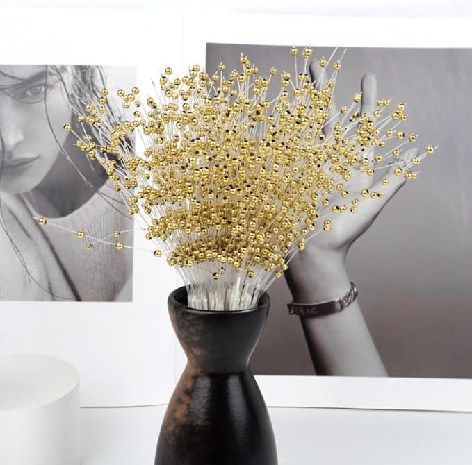 100 Pieces String Pearls Sticks, BetterJonny 3mm Beads String Creative Pearl Flower Stem Bead Sticks Pearl Beaded Stems DIY Floral Bead Strands for Party Decoration (Gold)