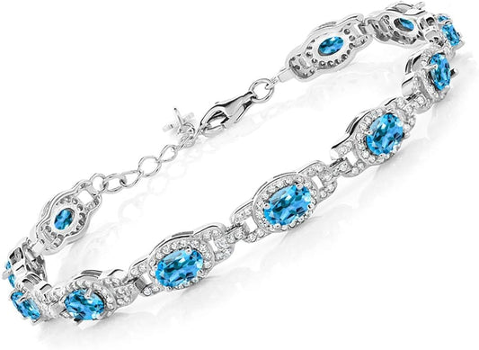 Gem Stone King 7-14 Cttw Oval Gemstone Birthstone Tennis Bracelet For Women | 925 Sterling Silver | Oval 6X4MM | 7 Inch With 1 Inch Extender | Fine Jewelry Gifts for Her Mom Women Wife