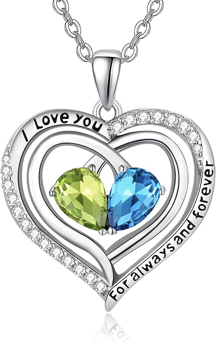 Zeuslia Double Birthstone Necklace Gifts for Wife - 925 Sterling Silver Sunflower/Rose/Crown Cross/Compass/Heart Pendant I Love You Necklace, Anniversary Birthday Gifts for Wife Girlfriend Mom Her