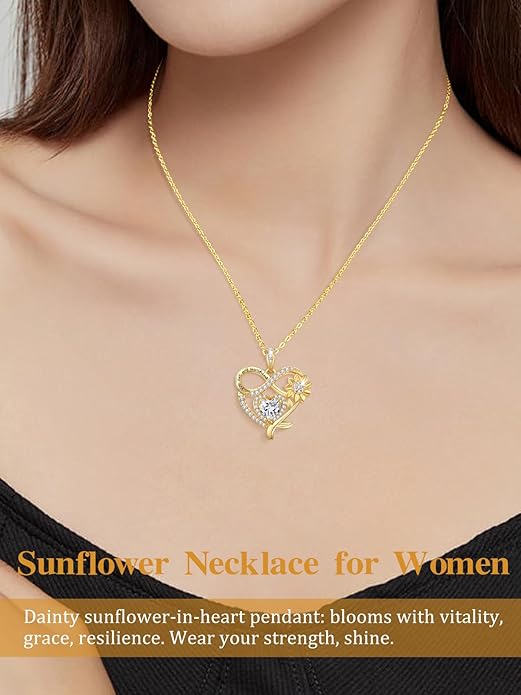 14K Gold Sunflower Heart Necklace for Women, You Are My Sunshine Jewelry with Birthstone Pendant, Anniversary Birthday Gifts for Her Wife Mom Grandma Daughter
