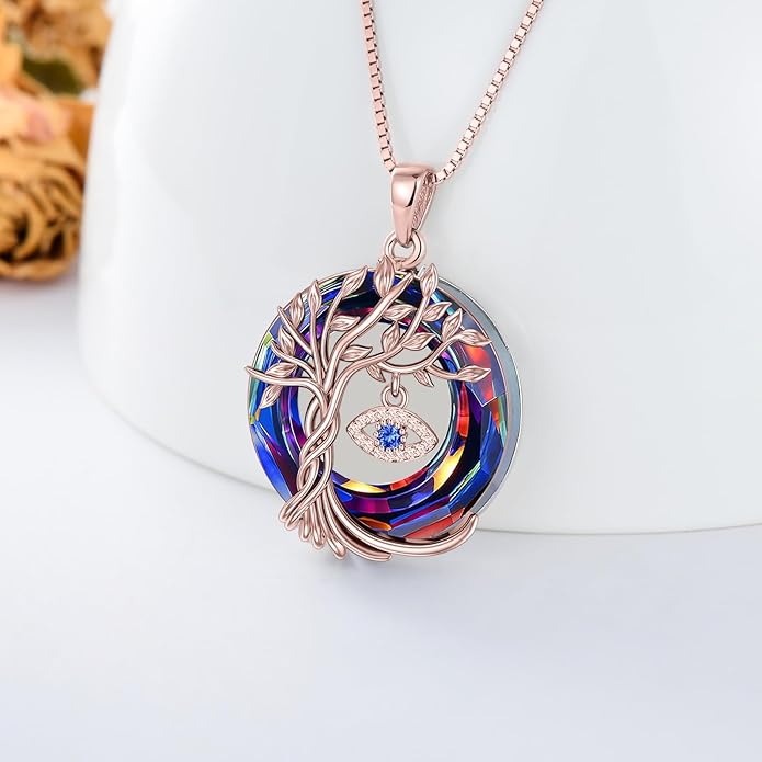 TOUPOP Evil Eye Necklace 925 Sterling Silver Tree of Life Circle Crystal Pendant Necklace Protection Jewelry Amulet Christmas Gifts for Women Her