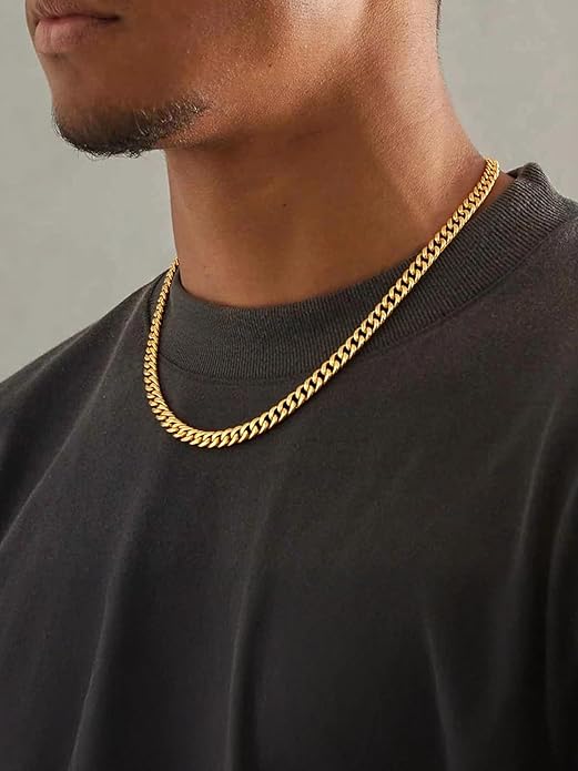 ChainsHouse Miami Cuban Link Chain Necklace for Men, 4.8mm/6mm/10mm/14mm Width, 14K Gold Plated/Stainless Steel/Black Mens Chunky Hip Hop Necklace Curb Chains, 14"-30" Length, Come Gift Box