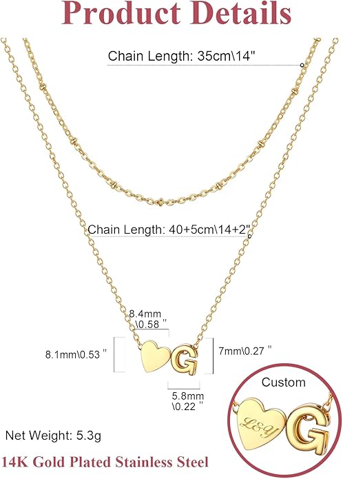 FOCALOOK Layered Initial Necklace for Women, 14K Gold Plated Choker Necklaces Stacks with Initial A-Z, Dainty Silver Heart Pendant Necklace Personalized Birthday Women Jewelry
