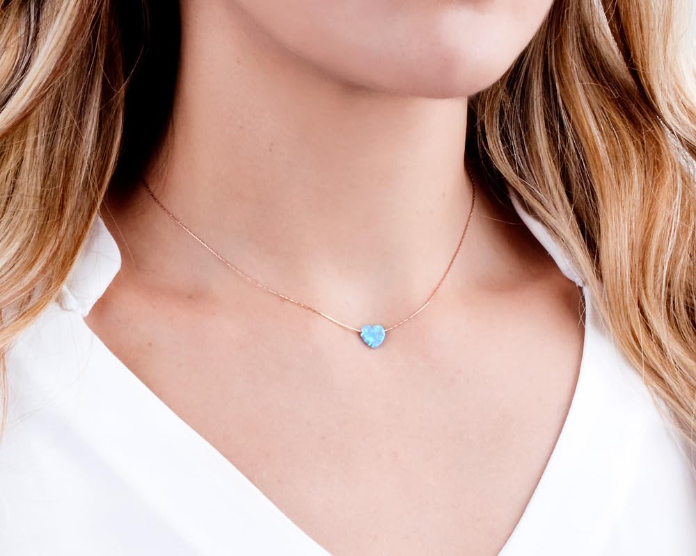 Blue Opal Heart on 14K Gold Filled Choker Necklace - Designer Handmade Thin Collar for Women - Length: 13.5 inch + 3 inch Extender (sky blue, rose gold filled)
