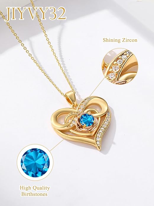 Infinite Heart Birthstone Necklaces for Women Gold Plated Pendant Wedding Anniversary Birthday Gift for Wife Her Mom Grandma Daughter Jewelry with Round Birthstone