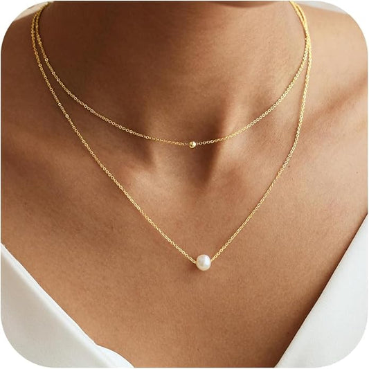 Gold Pearl Necklaces for Women Trendy, 14K Gold Plated Dainty Necklace Simple Layered Pearl Necklaces for Women Trendy Wedding Birthday Jewelry