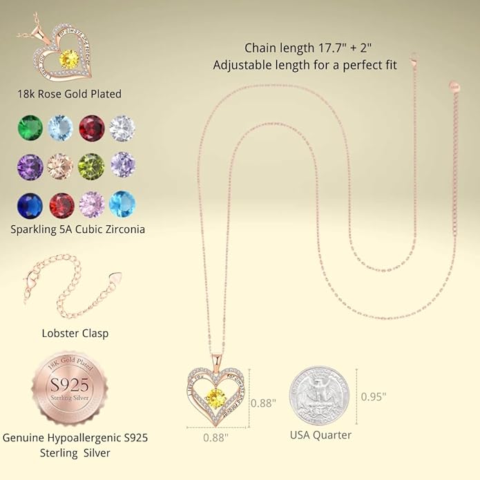 Birthstone Heart Necklace for Women Wife Girlfriend Mom Daughter Gifts S925 Silver Jewelry For Anniversary Rose Gold Gifts For Birthday Christmas Mothers Valentines Day