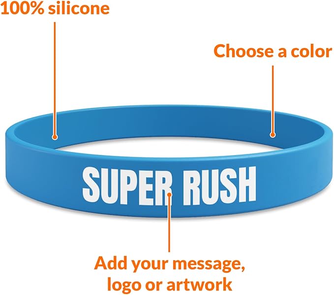 Super Rush Wristbands | Fast Delivery | Fully Customizable | Great For Events, Fundraisers & Promotions | 1/2" Wide | Available In Bulk