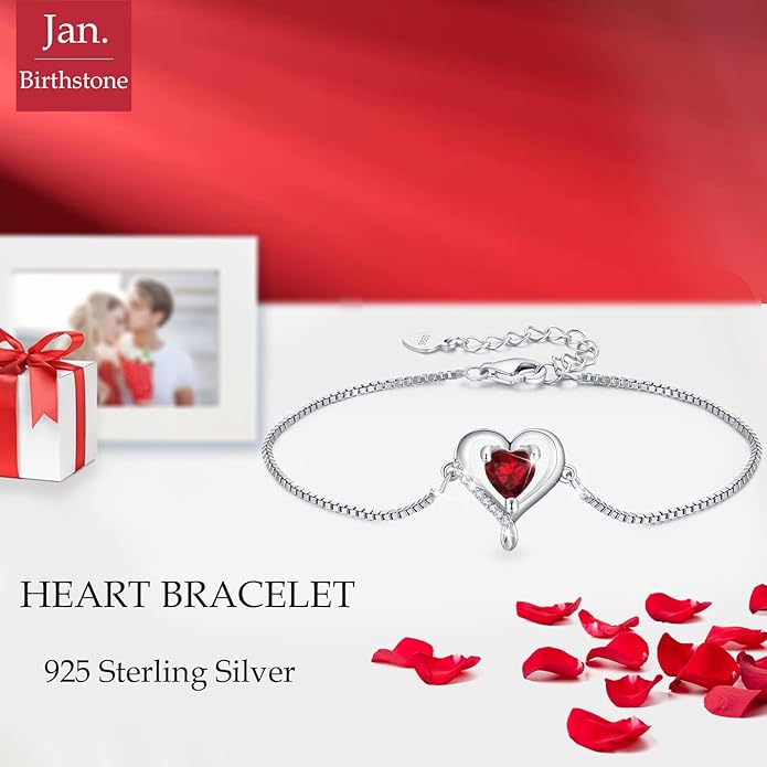 LAVUMO Love Heart Bracelets for Women 925 Silver Charm Birthstone Bracelet Adjustable Anniversary Birthday Jewelry Gifts for Women Girlfriend Wife Daughter Mom Her