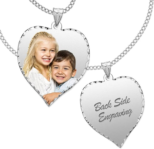 PicturesOnGold.com Personalized Photo Engraved Heart Shaped Picture Necklace with Diamond Cut Edge in Silver, Gold, White Gold or Rose Gold - 1 Inch x 1 Inch