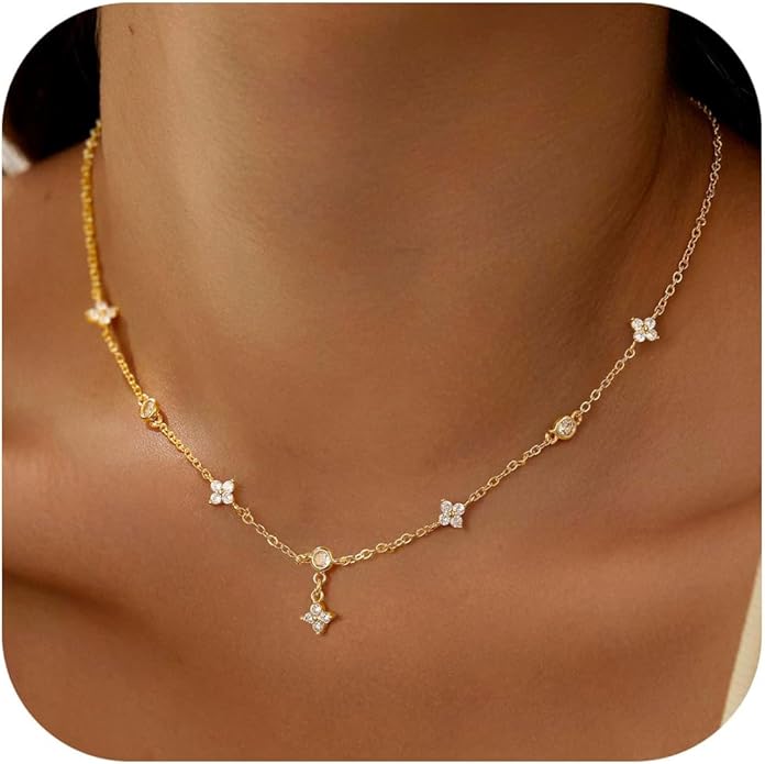 Yoosteel Dainty Gold-plated Clover Pearl Heart Butterfly Star flower Choker Necklace for Women - 14K Gold Plated Cubic Zirconia Pendant Station Necklaces for Women Teens Trendy Prom Jewelry Gifts