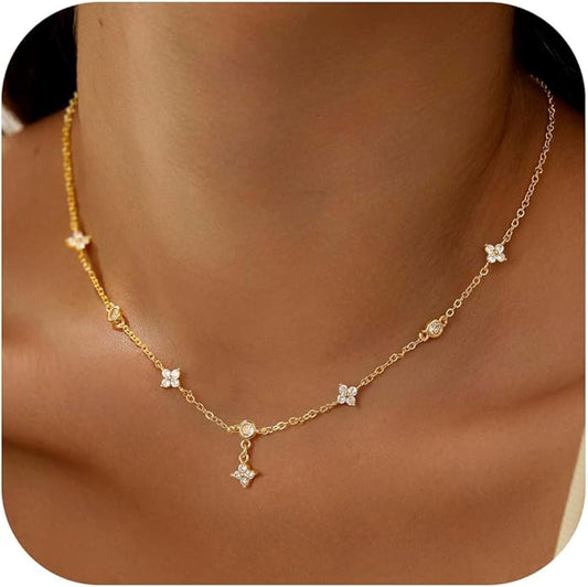 Yoosteel Dainty Gold-plated Clover Pearl Heart Butterfly Star flower Choker Necklace for Women - 14K Gold Plated Cubic Zirconia Pendant Station Necklaces for Women Teens Trendy Prom Jewelry Gifts