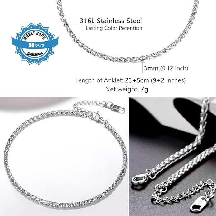 PROSTEEL Stainless Steel Chain Anklets for Women, Silver/Gold Tone, Ankle Bracelets Hypoallergenic, 8-10.5 Inch Adjustable, Come with Box