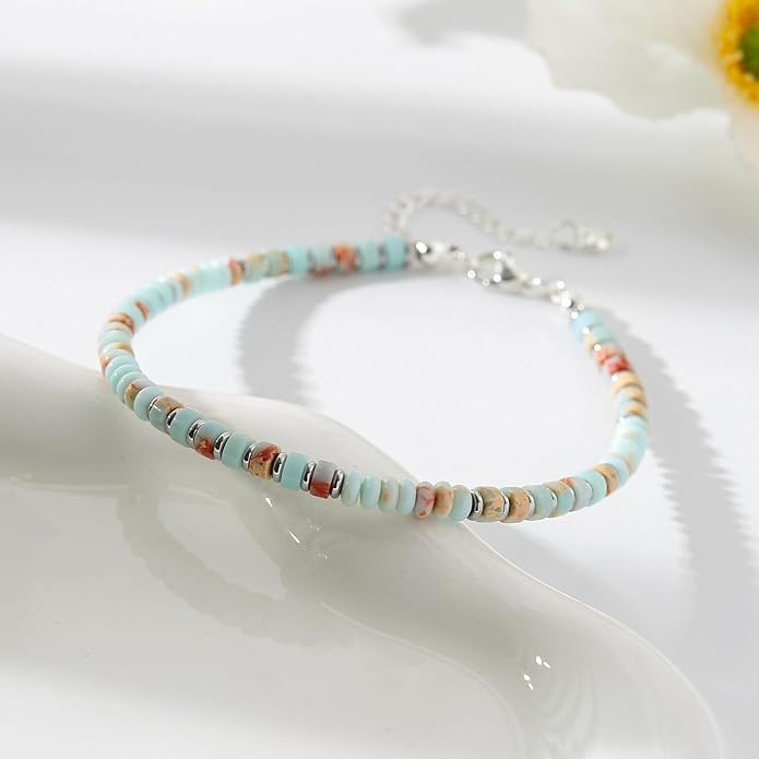 XIJIN Natural Stone Beaded Anklets for Women Handmade Beach Boho Turquoise Beads Ankle Bracelet Jewelry Gift for Her