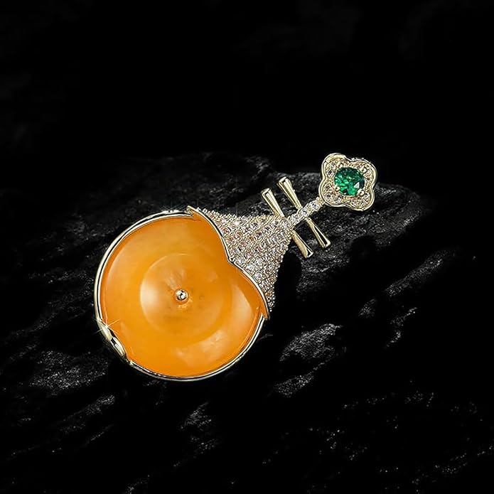 14K Gold Pipa-Shaped Brooch with Moissanite Accents - Elegant Chinoiserie Handcrafted Jewelry, Unique Shawl Pin for Women, Ideal Gift for Birthdays and Special Events