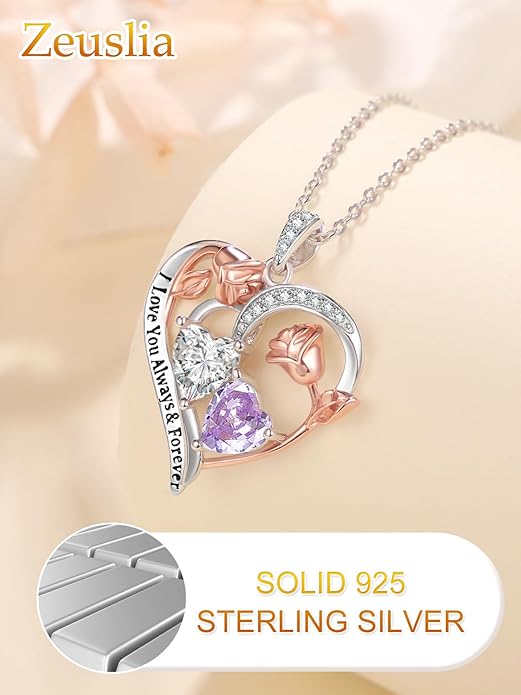 Zeuslia Double Birthstone Necklace Gifts for Wife - 925 Sterling Silver Sunflower/Rose/Crown Cross/Compass/Heart Pendant I Love You Necklace, Anniversary Birthday Gifts for Wife Girlfriend Mom Her