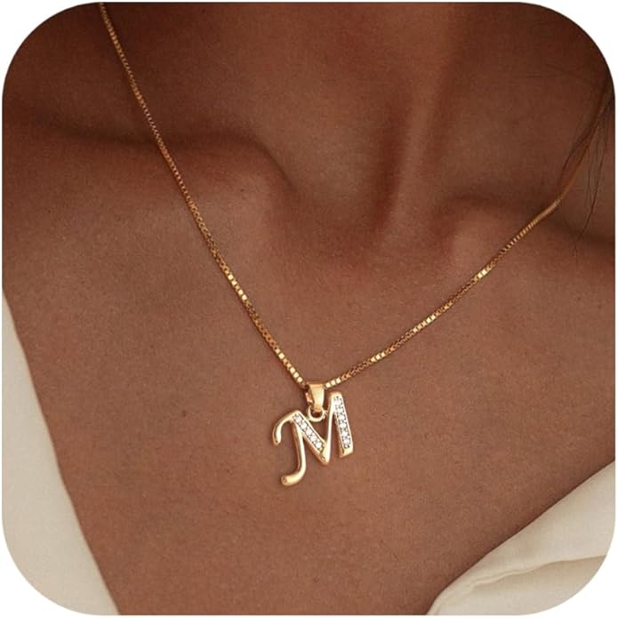 Initial Necklace for Women, 14K Gold Plated Box Chain Letter Pendant, Trendy Name Necklace, Dainty Personalized Jewelry Gift for Her