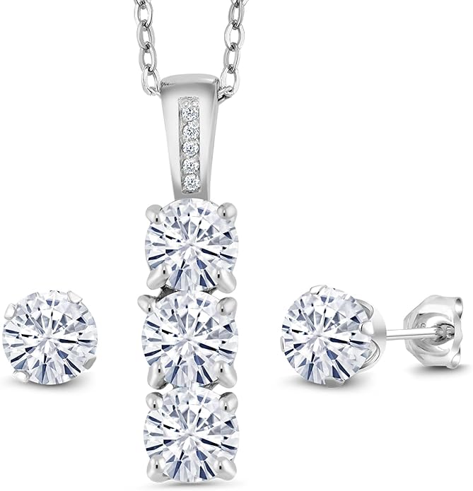 Gem Stone King 925 Sterling Silver 5MM Gemstone Birthstone and White Diamond 3-Stone Pendant and Earrings Jewelry Set For Women | With 18 Inch Chain