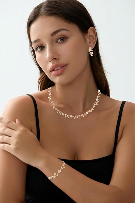 Austrian Crystal Rhinestone Choker Necklace Dangle Earring Link Bracelet Jewelry Set for Brides Bridesmaid Prom Costume Accessories for Women