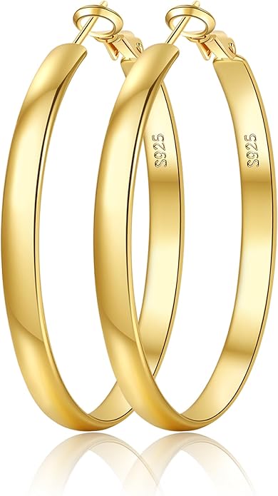 EXGOX 5mm Wide Gold Hoop Earrings for Women,Sterling Silver Hoop Earrings Large Silver Hoop Earrings Hypoallergenic Lightweight 14K Real Gold Plated Big Hoop Earrings for Women 30/40/50/60/70mm