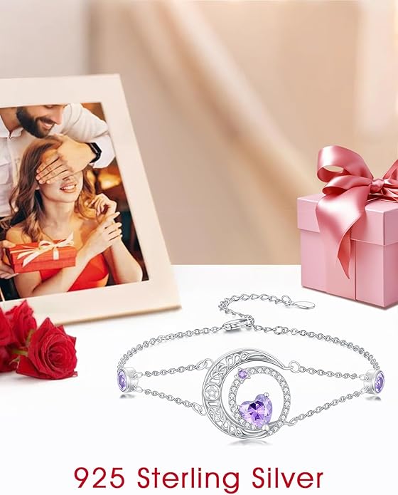 Dorunmo 925 Sterling Silver Moon Heart Birthstone Anklet Bracelets for Women Best Mother's Day Birthday Jewelry for Wife Girlfriend Mom Her
