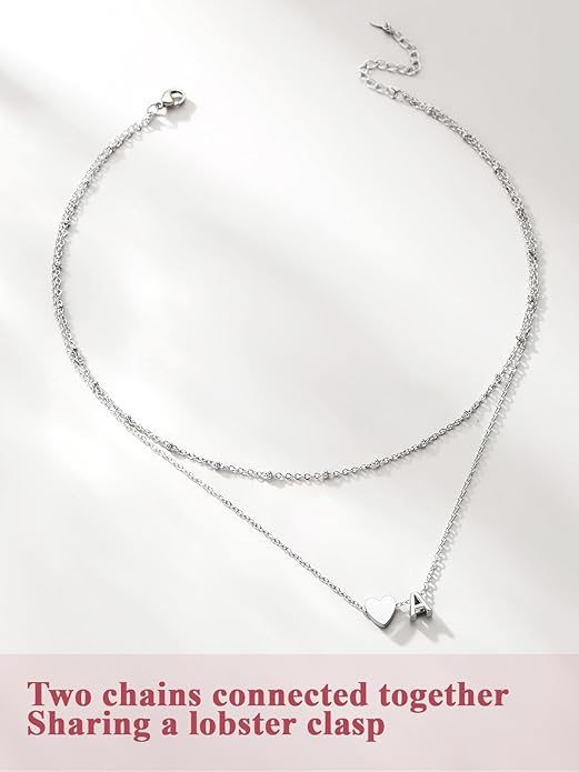 FOCALOOK Layered Initial Necklace for Women, 14K Gold Plated Choker Necklaces Stacks with Initial A-Z, Dainty Silver Heart Pendant Necklace Personalized Birthday Women Jewelry