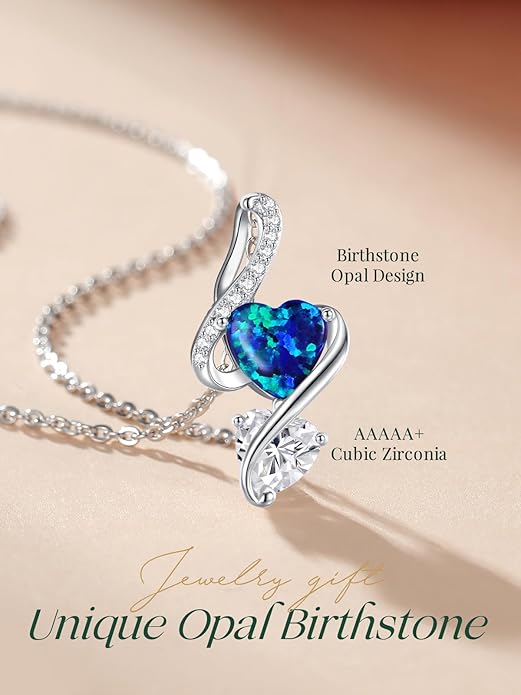 LOUISA SECRET 925 Sterling Silver Opal Birthstone Necklace, Unique Tiny Double Heart Pendant Jewelry, Engraved with "S925 I Love You" Best Birthday Gift for Women Wife Girlfriend Mom Her, Christmas Day Valentine's Day Anniversary Mother's Day