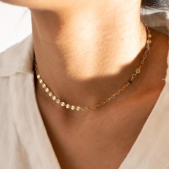 Dainty Chain Necklace for Women, 18K Gold Plated Coin Disc Choker Necklaces Simple Satellite Beaded Twisted Thin Paper Clip Chain Everyday Jewelry Gifts