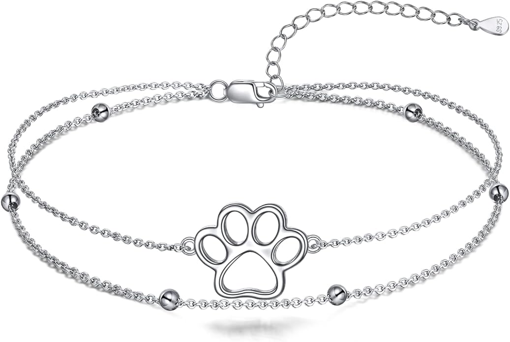ONEFINITY Paw Print Anklet 925 Sterling Silver Pet Dog Cat Paw Layered Ankle Bracelet Pet Jewelry Gifts for Women
