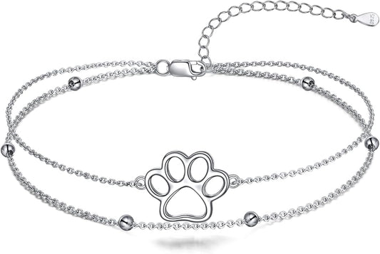 ONEFINITY Paw Print Anklet 925 Sterling Silver Pet Dog Cat Paw Layered Ankle Bracelet Pet Jewelry Gifts for Women