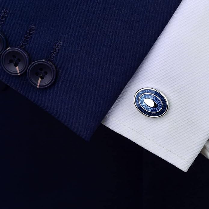 Fomissky Oval Navy Blue Cufflinks for Men Silver Plated, Personalized Men's Cuff Links Groom Wedding Gifts Tuxedo Business Shirt Accessories