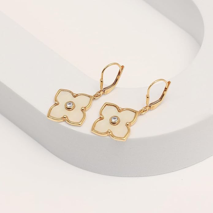LeCalla 925 Sterling Silver Drop Earrings | Mother of Pearl Clover Earring | Mother of Pearl Stud Earring | Zirconia MOP Drop Dangle Hoop Earrings for Women
