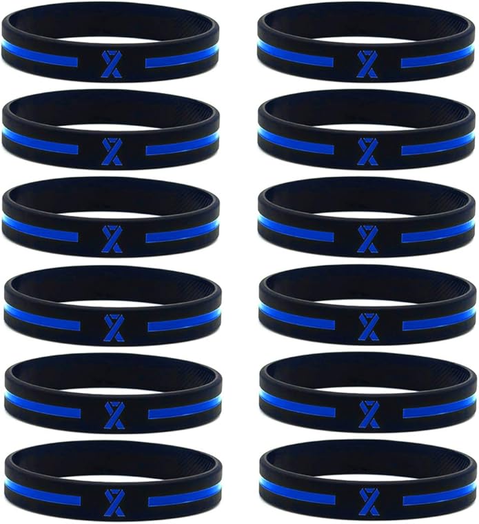 (12-pack) Blue Awareness Ribbon Bracelets - Wholesale Bulk Pack of 12 Silicone Rubber Wristbands for Awareness Giveaways, Encouragement Gifts, Thin Blue Line Accessories - Unisex for Men Women