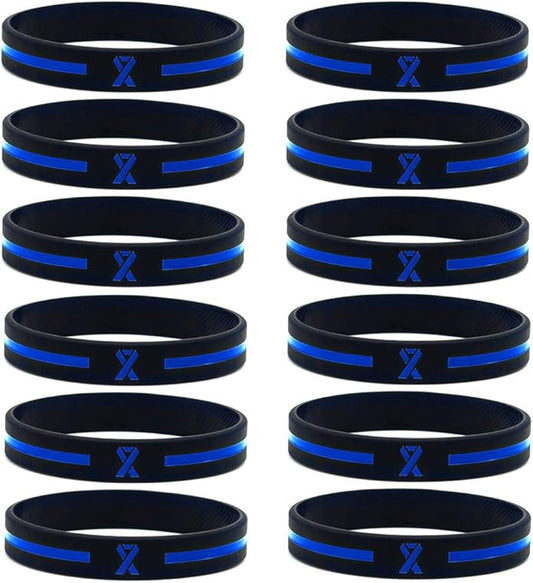(12-pack) Blue Awareness Ribbon Bracelets - Wholesale Bulk Pack of 12 Silicone Rubber Wristbands for Awareness Giveaways, Encouragement Gifts, Thin Blue Line Accessories - Unisex for Men Women