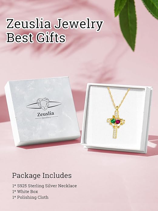 Zeuslia Double Birthstone Necklace Gifts for Wife - 925 Sterling Silver Sunflower/Rose/Crown Cross/Compass/Heart Pendant I Love You Necklace, Anniversary Birthday Gifts for Wife Girlfriend Mom Her