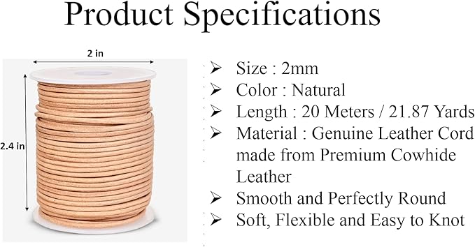 GENIQUE Real/Genuine Round Leather String Cord for Necklace, Bracelets, Jewelry, Kumihimo Braiding, DIY Projects (20 Metres) (2mm, Natural)