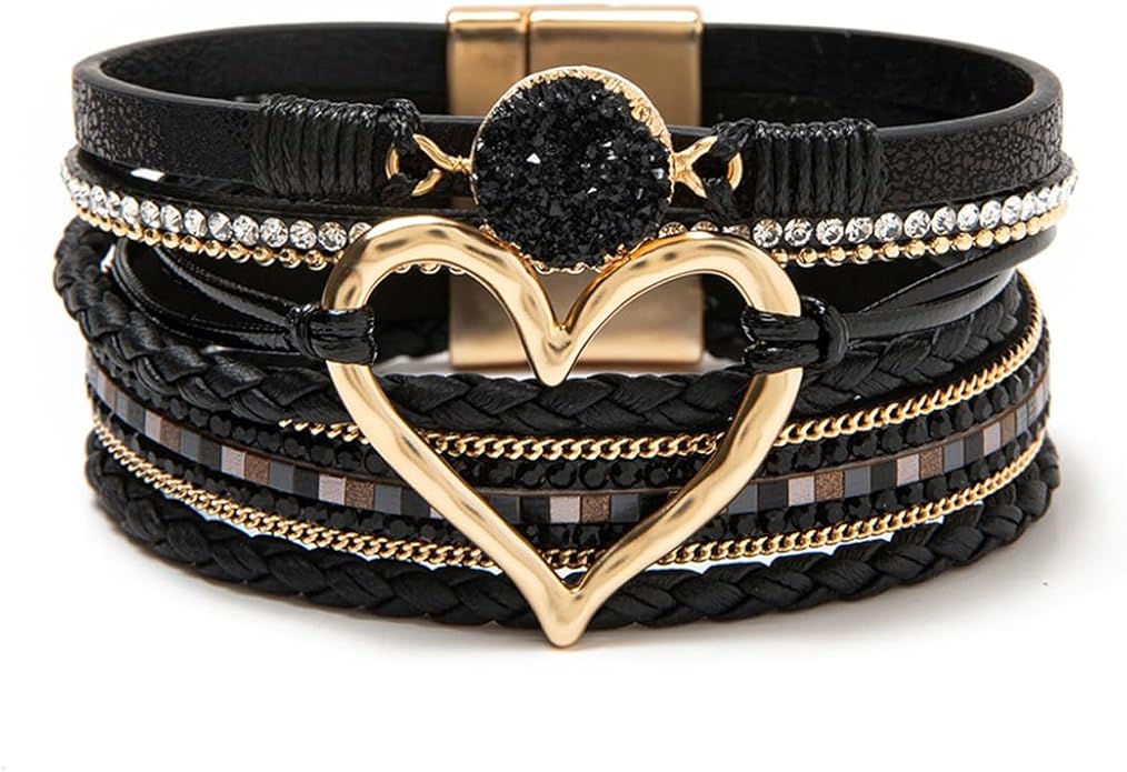 Rantanto Braid Leather Wrap Bracelet Trendy Stackable Crystal Cuff Boho Gold Heart Bracelet Jewelry Gift For Women