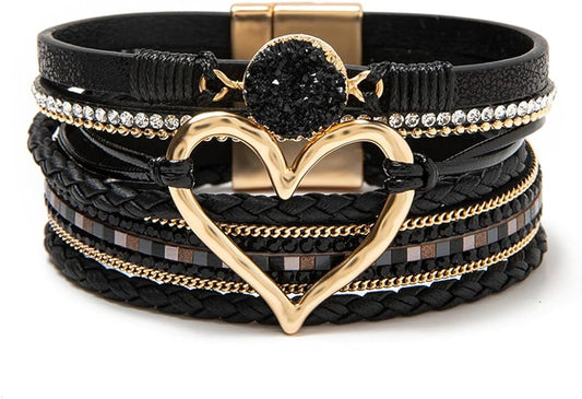 Rantanto Braid Leather Wrap Bracelet Trendy Stackable Crystal Cuff Boho Gold Heart Bracelet Jewelry Gift For Women