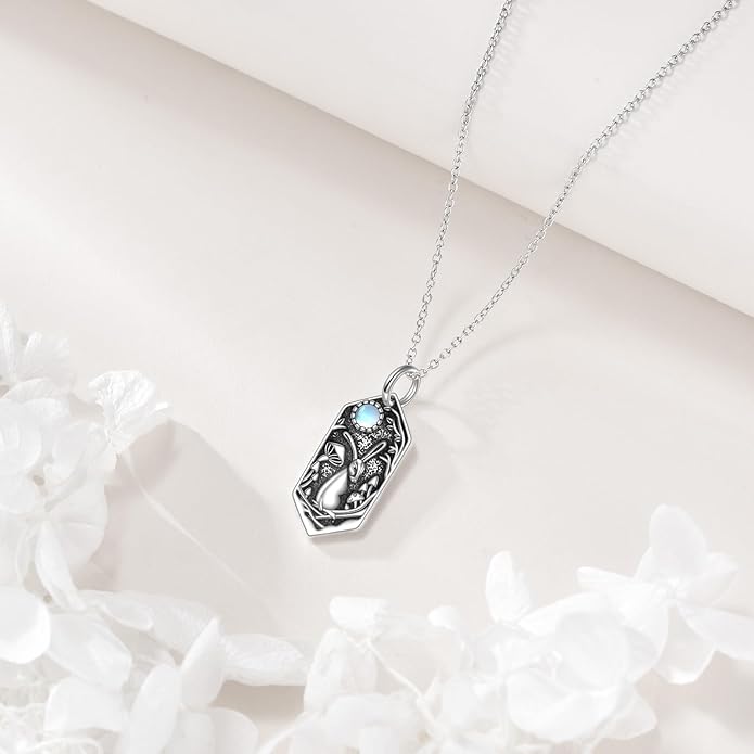 Bunny Necklace for Women 925 Sterling Silver Rabbit Moonstone Pendant Necklaces Vintage Bunny Animal Jewelry Gifts for Women Men Rabbit Lovers