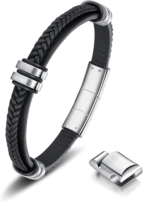 Leather Bracelet for Men with Adjustable Stainless Steel Magnetic Clasp Multi-Layer Braided Mens Leather Bracelet