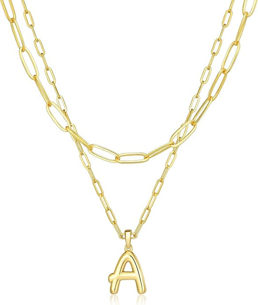 adoyi Gold Necklace for Women Layered Bubble Heart Letter Initial Necklaces for Women Trendy Jewelry 14K Gold Plated Chain Chunky Name Necklace Stack Charm A-Z Pendant Set Jewelry Gifts