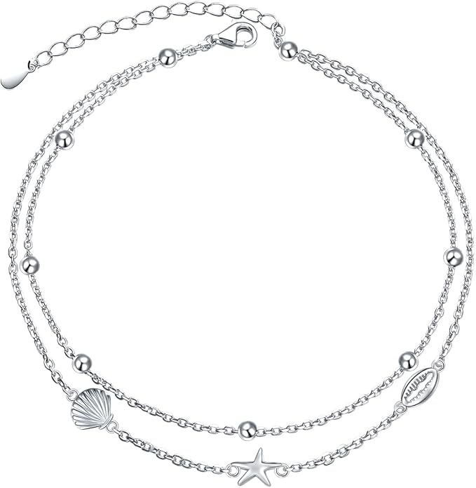 FLYOW Anklet for Women S925 Sterling Silver Adjustable Foot Beaded Heart Charm Ankle Bracelet Anklets Jewelry