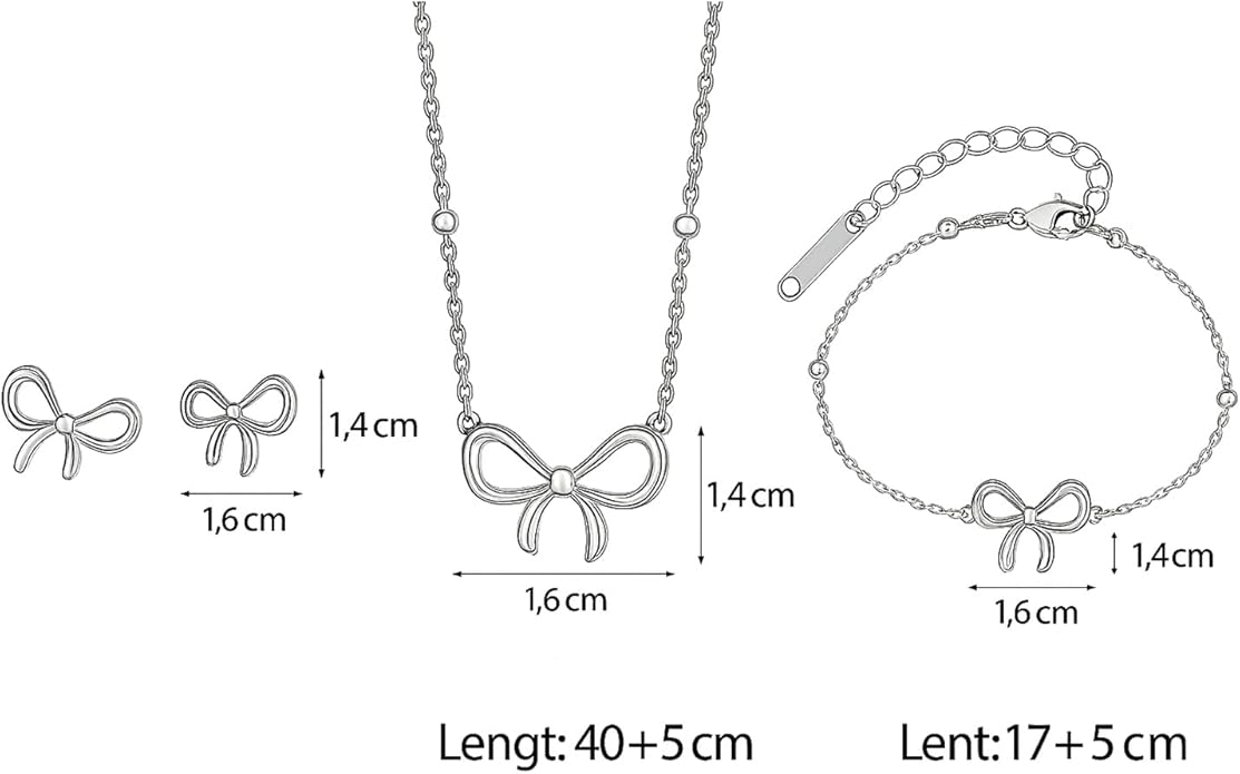 Bow Earrings Necklace Bracelet Set for Women Dainty Bowknot Jewelry Set Gold Pendant Necklace Ribbon Stud Earrings Cute Bow Accessories Elegant Gift for Her