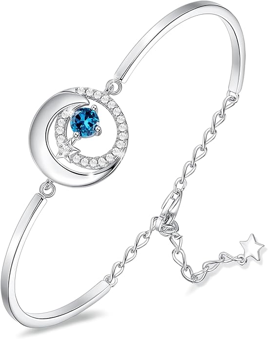 FANCIME Birthstone Bracelets 925 Sterling Silver Moon and Star Bangle Charm Bracelet Fine Jewelry Birthday Anniversary Christmas Day Gift for Her Women, Adjustable Chain 6.7"+1.2" Extend