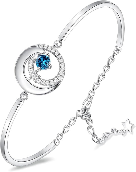 FANCIME Birthstone Bracelets 925 Sterling Silver Moon and Star Bangle Charm Bracelet Fine Jewelry Birthday Anniversary Christmas Day Gift for Her Women, Adjustable Chain 6.7"+1.2" Extend