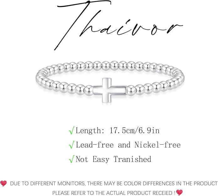 Beaded Bracelet for Women Trendy Stretch Handmade Ball Charm Bracelet Dainty Cross Heart Bow Wave CZ Stackable Jewelry Charm Gifts for Her