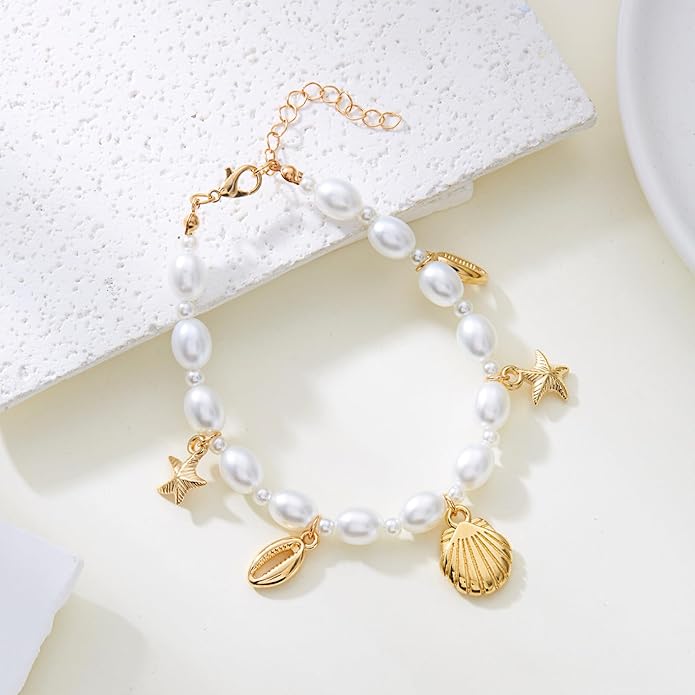 Shell Ankle Bracelet Set for Women, Gold Plated Boho Bead Adjustable Anklet, Hawaiian Beach Seashell Pearl Heart Starfish Conch Foot Jewelry Gifts