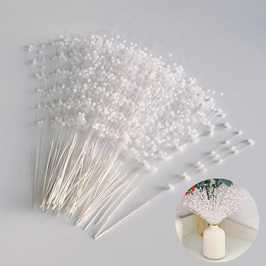 100 Pieces String Pearls Sticks, BetterJonny 3mm Beads String Creative Pearl Flower Stem Bead Sticks Pearl Beaded Stems DIY Floral Bead Strands for Party Decoration (White)