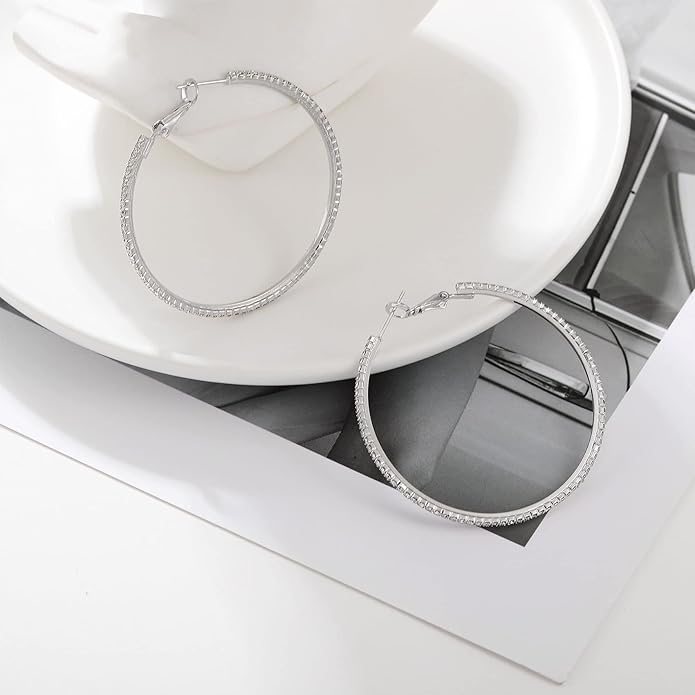 925 Sterling Silver Earrings Large Rhinestone Hoop Earrings Big Cubic Zirconia Hoop Earrings Thin Rhinestones Round Hoop Earrings for Women 20/30/40/50/60/70mm Sparkly Hoops With Crystals for Womens